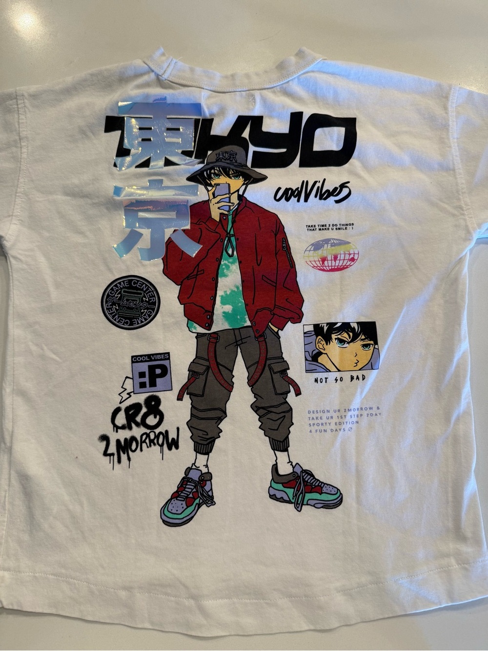 Zara White Graphic Tokyo Anime Tee with Red Jacket Print